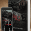 Harcover edition of THE GORDON PLACE standing upright. Leaning against it is an iPhone with THE GORDON PLACE cover on it. Propped against the iPhone are two evil bunny stickers.