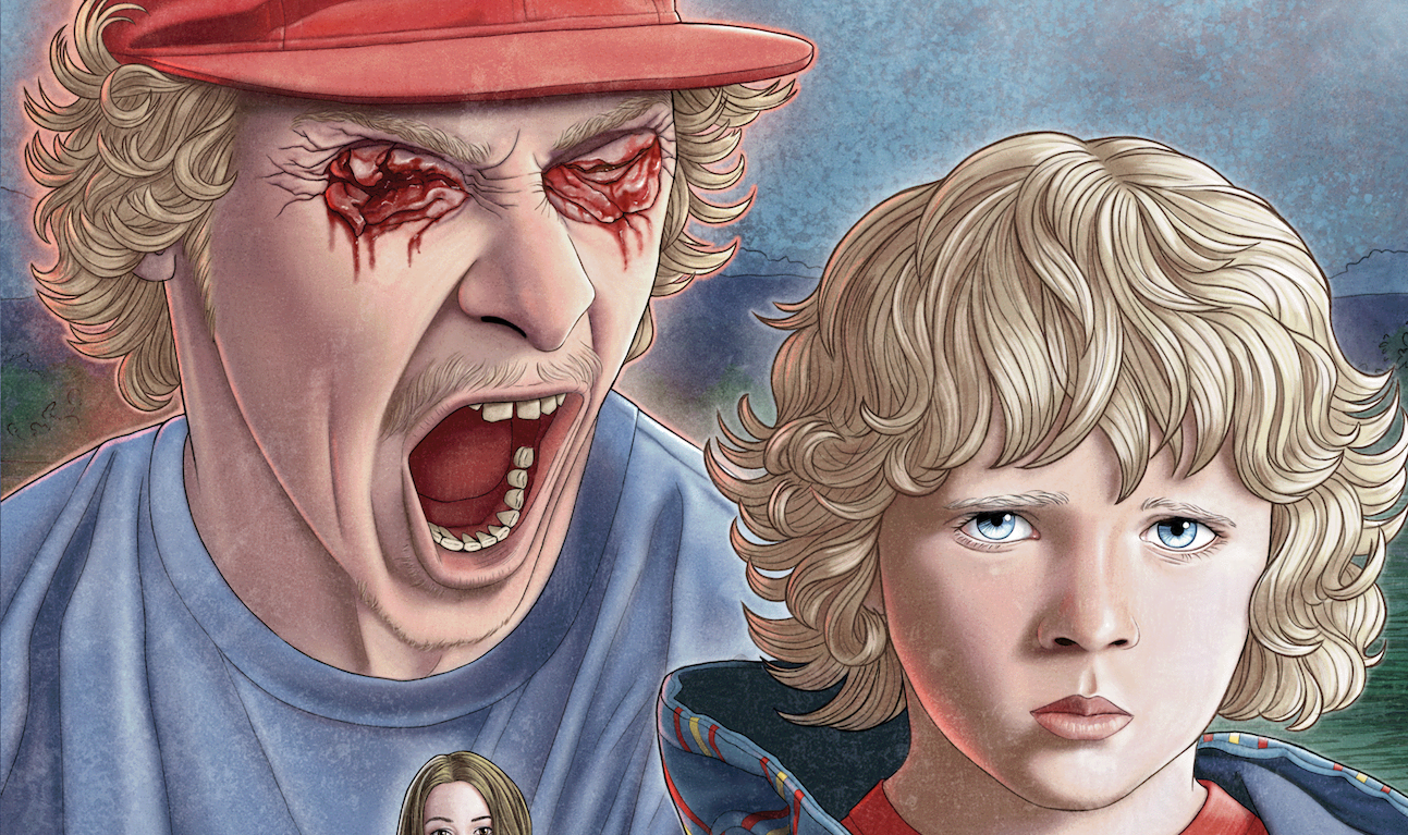 Partial cover of Tab's Terrible Third Eye featuring two characters: a blonde man with gored-out eyes screaming into the ear of a young blonde boy who simply stares straight ahead.