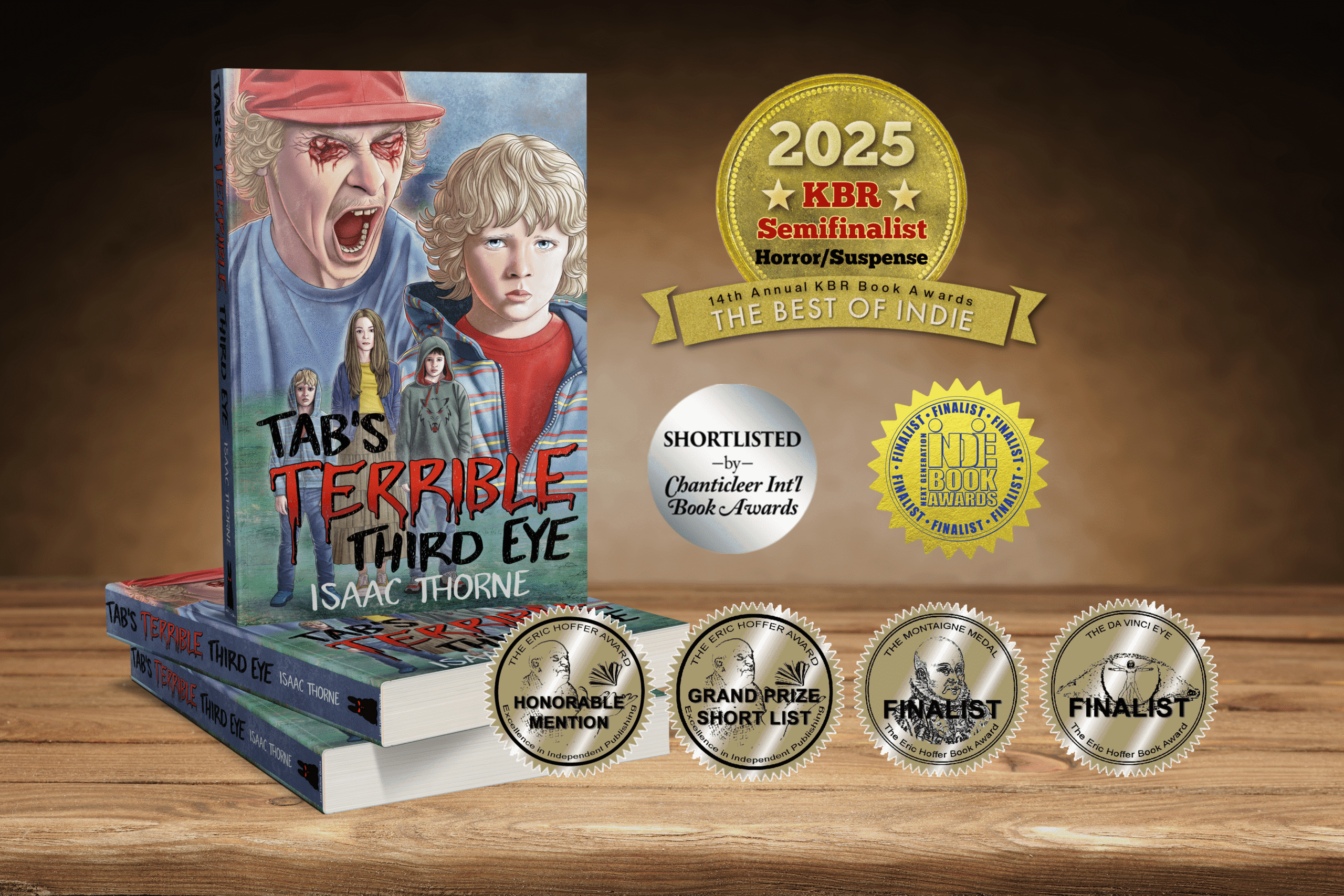 Tab's Terrible Third Eye stand atop two other copies of the book, the cover facing the viewer. To the right of the stack of books are badges from several book contents, including a semi-finalist badge from The Kindle Book Review Award, a semi-finalist badge from Chanticleer Book Awards, a Montaigne Medal Finalist badge, a da Vinci Eye Finalist badge, a Grand Prize Short List badge, and an Ebook Honorable Mention badge from The Eric Hoffer Award. All badges and books sit atop a wooden desk or table.